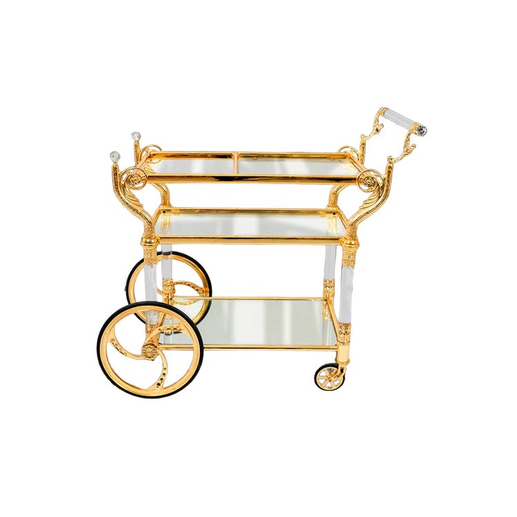 Medieval Vintage Dining Cart Hotel Bar Family Dining Service Cart Gold Copper Trolley