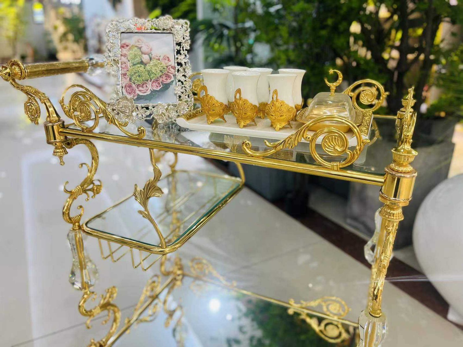 Luxury Vintage Golden Bronze Bar Cart for Dining and Living Room Hotel Restaurant Family Kitchen Trolley for Party Service - Image 5