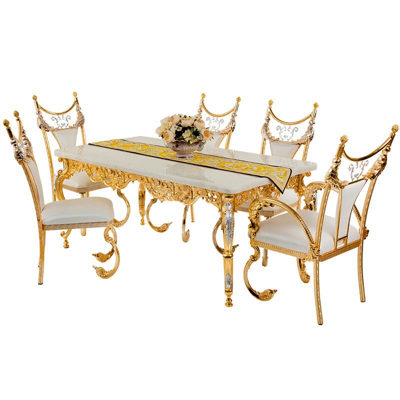 European Luxury Modern Dining Table Set Golden Copper Marble with 6 Chairs Home Furniture