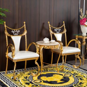 European Style Golden Leather Leisure Chair Set for Hotels Home Weddings with Durable Metal for Outdoor Living Room Park Use