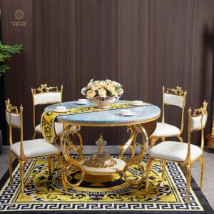 Elegant Modern European Design Wedding Home Dining Table with Round Marble Top and 4 6 Chairs Golden Copper Frame Hotel Use