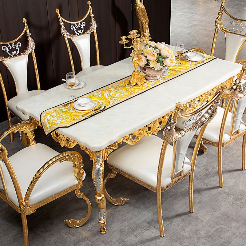 European Luxury Modern Dining Table Set Golden Copper Marble with 6 Chairs Home Furniture - Image 5