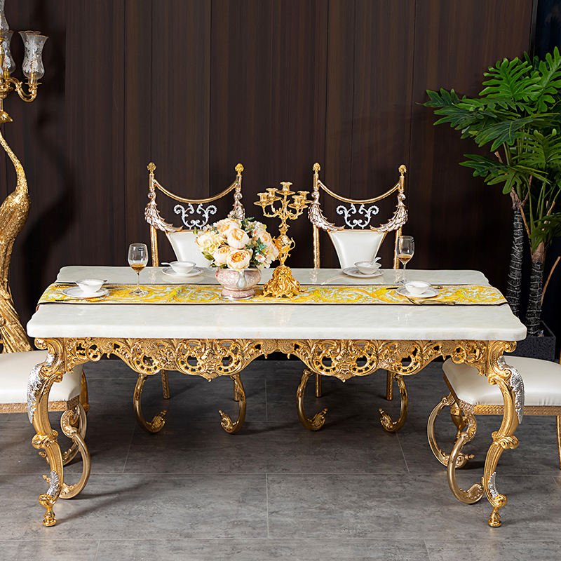 European Luxury Modern Dining Table Set Golden Copper Marble with 6 Chairs Home Furniture - Image 2