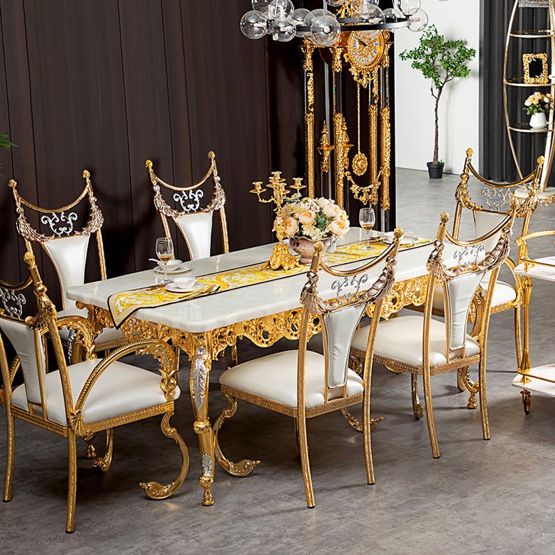 European Luxury Modern Dining Table Set Golden Copper Marble with 6 Chairs Home Furniture - Image 6