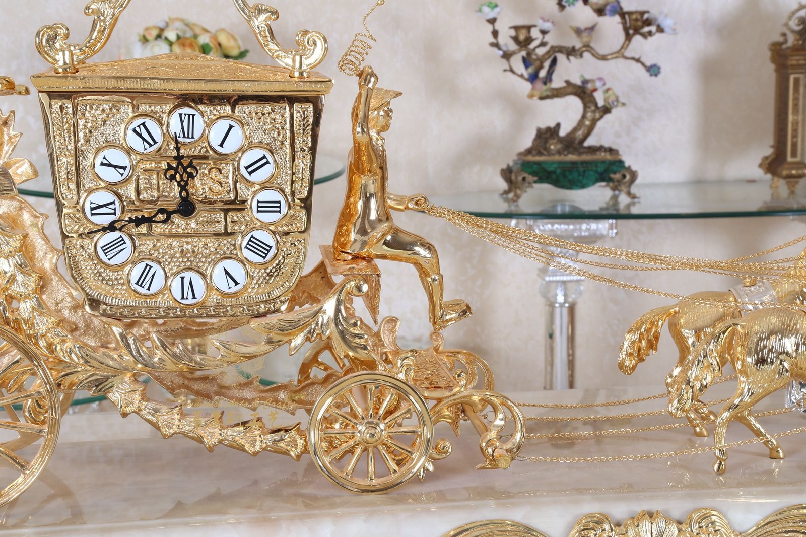 Medieval Luxury Style Gilded Bronze Carriage Watch Clock With Marble Base, Antique Brass Gold Carriage Clock - Image 2