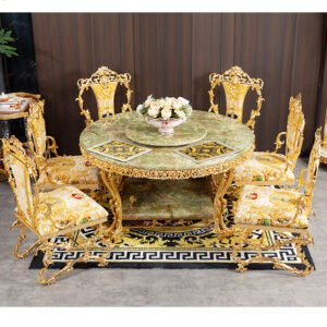 Luxury Palace Design Wedding Hotel Family Dining Table With Golden Copper Frame Round Marble Top and 4 or 6 Chair Design