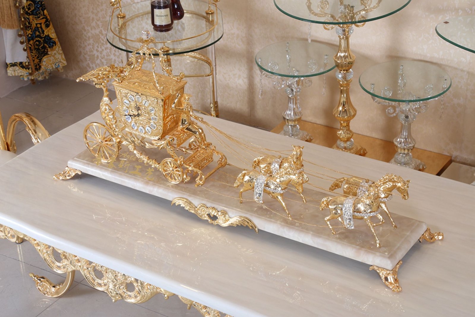 Medieval Luxury Style Gilded Bronze Carriage Watch Clock With Marble Base, Antique Brass Gold Carriage Clock