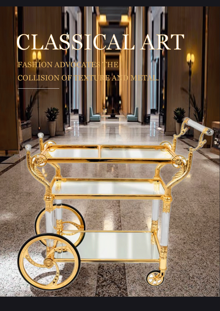 Medieval Vintage Dining Cart Hotel Bar Family Dining Service Cart Gold Copper Trolley - Image 4